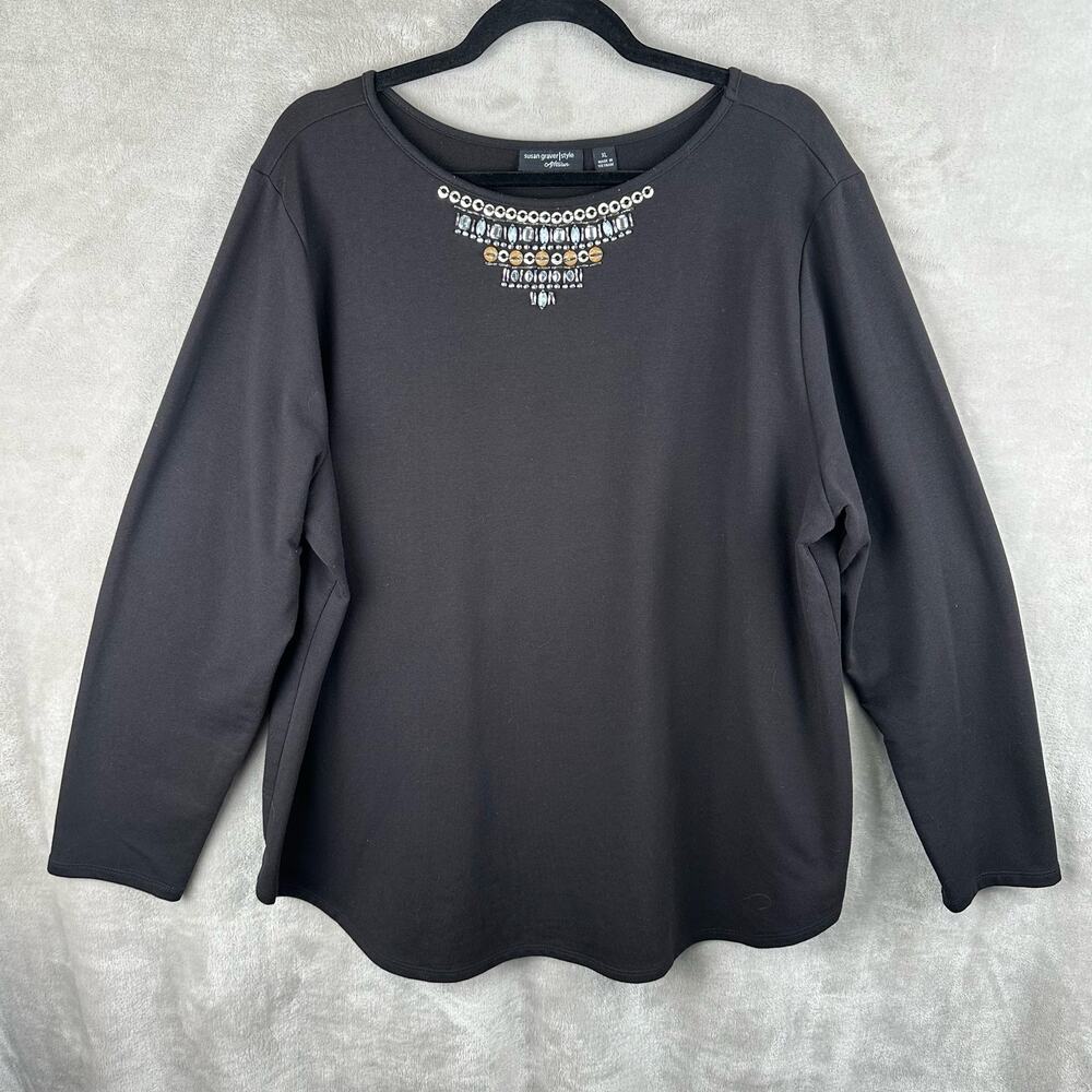 Susan Graver Top Women Extra Large Black Beaded Embellished Artisian Long Sleeve